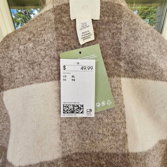 H&M Women’s XL Plaid Shacket Coat Jacket Taupe Beige Check Fleece New w/ Tags - Picture 7 of 8